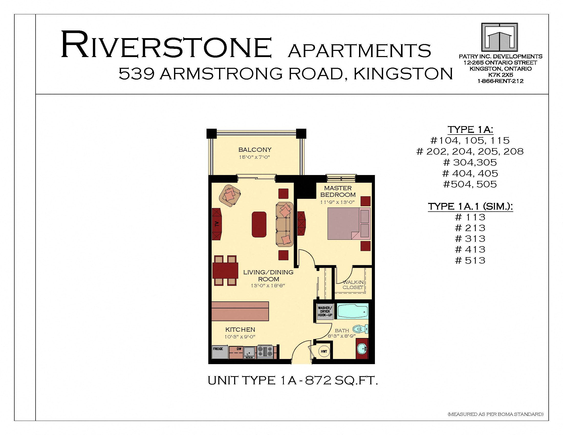Floor plan for 1 bed, 1 bath, 872 sqft